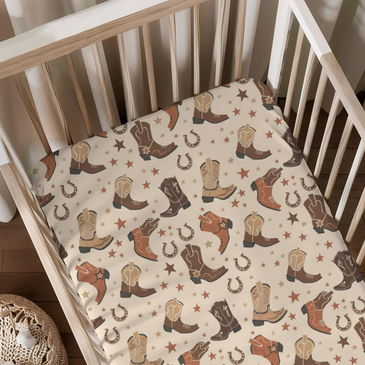 KuphiL10C cartoon Native American horseshoes stars crib sheet front view enhances unisex nursery decor