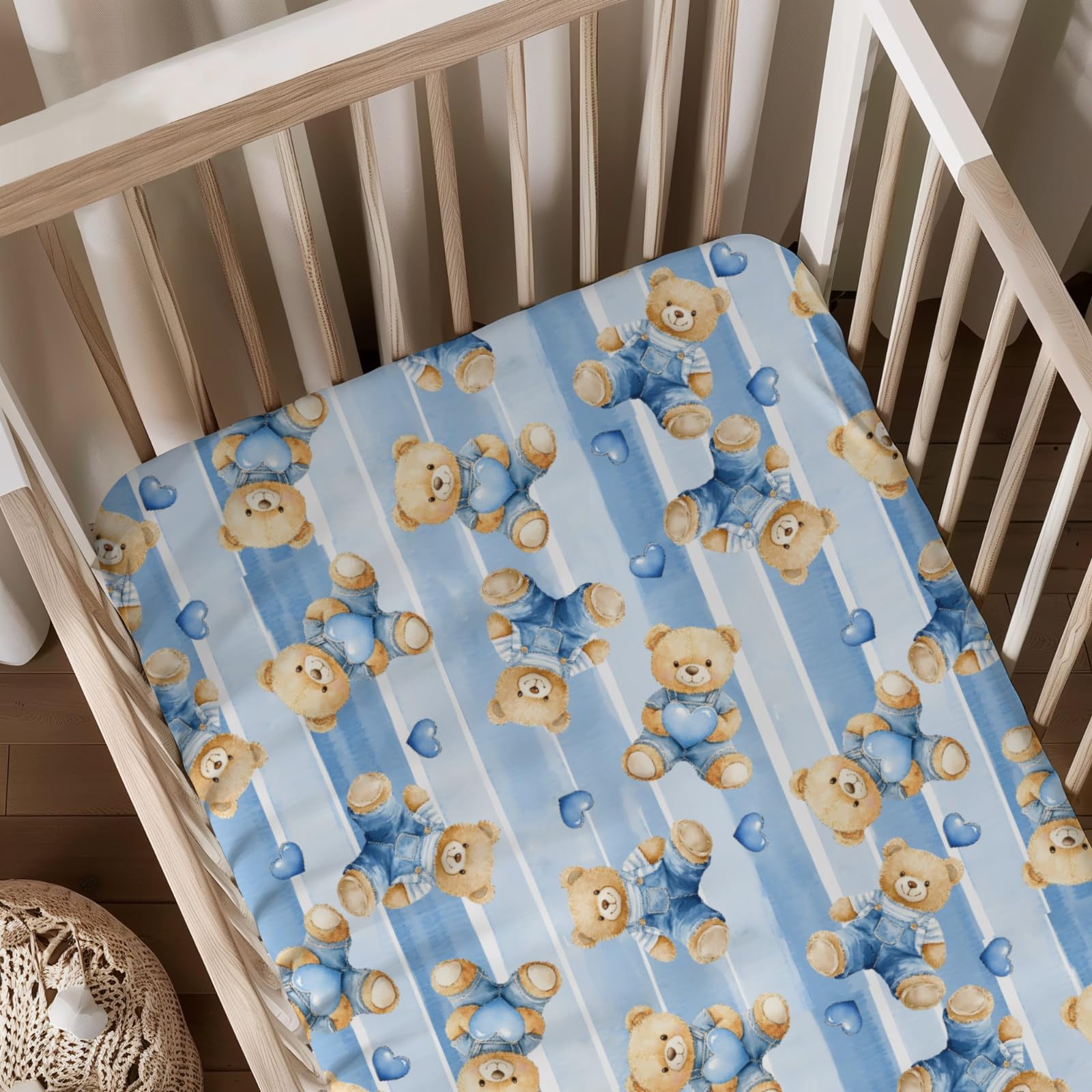 KuphiL10C cute cartoon bears hearts striped pattern baby sheet for crib decor.