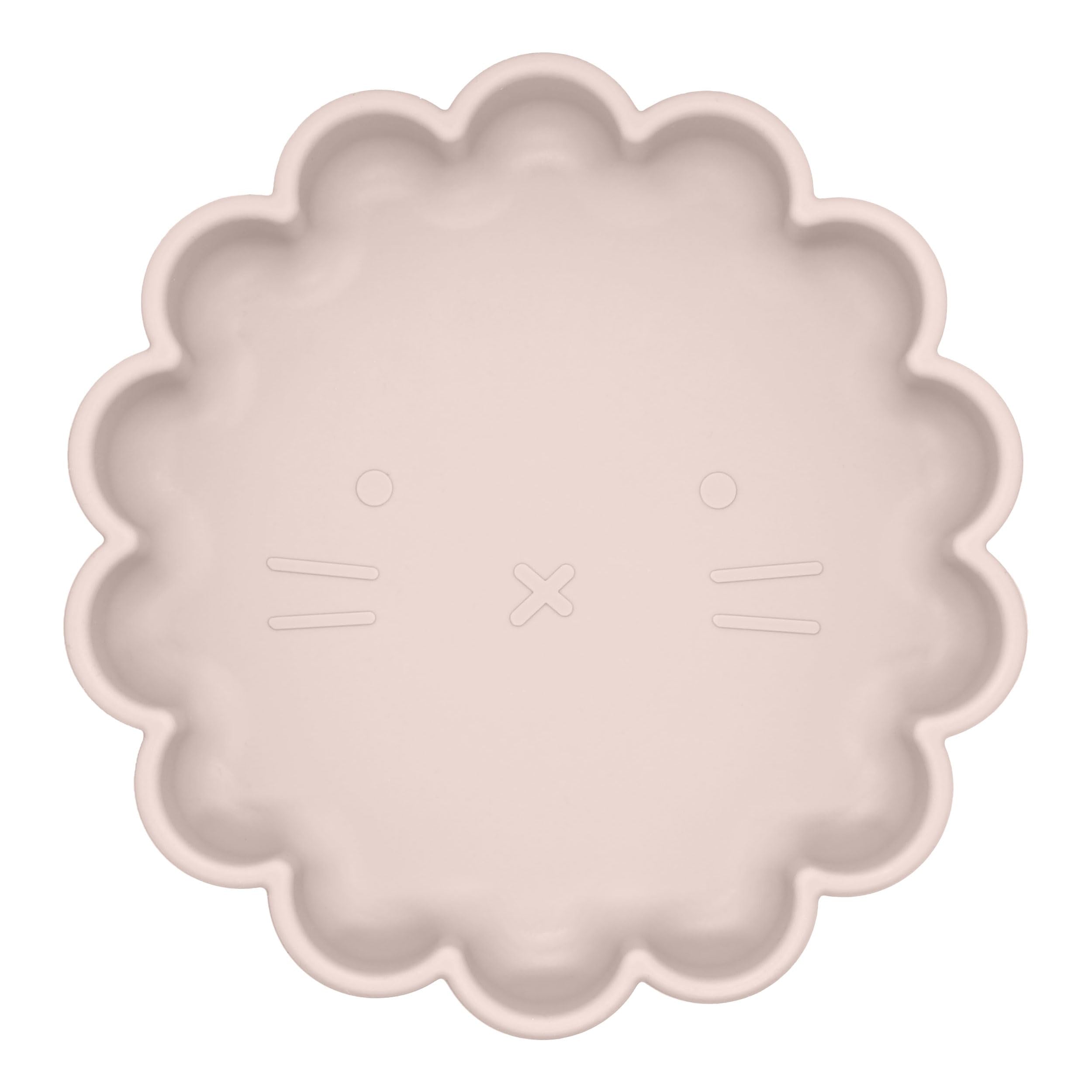 Kushies SiliLion lion-face plate pink with suction for mess-free self-feeding.
