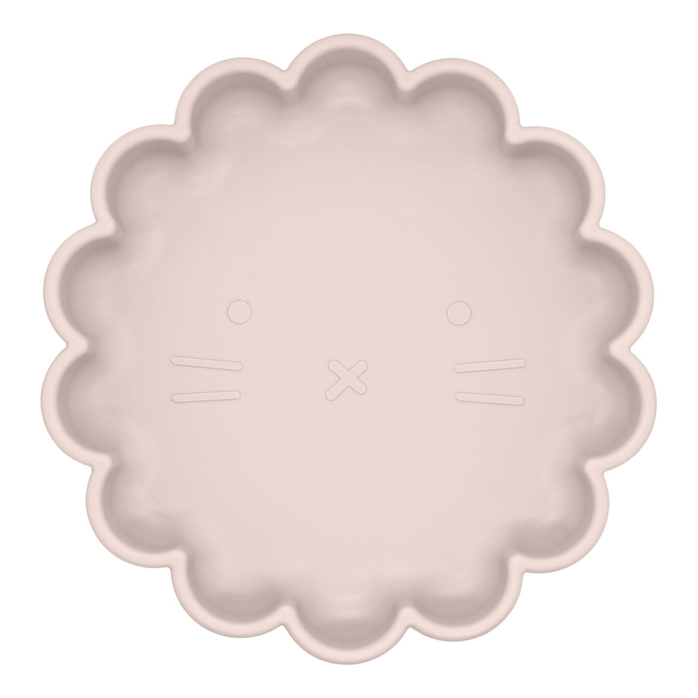 Kushies SiliLion lion-face plate pink with suction for mess-free self-feeding.