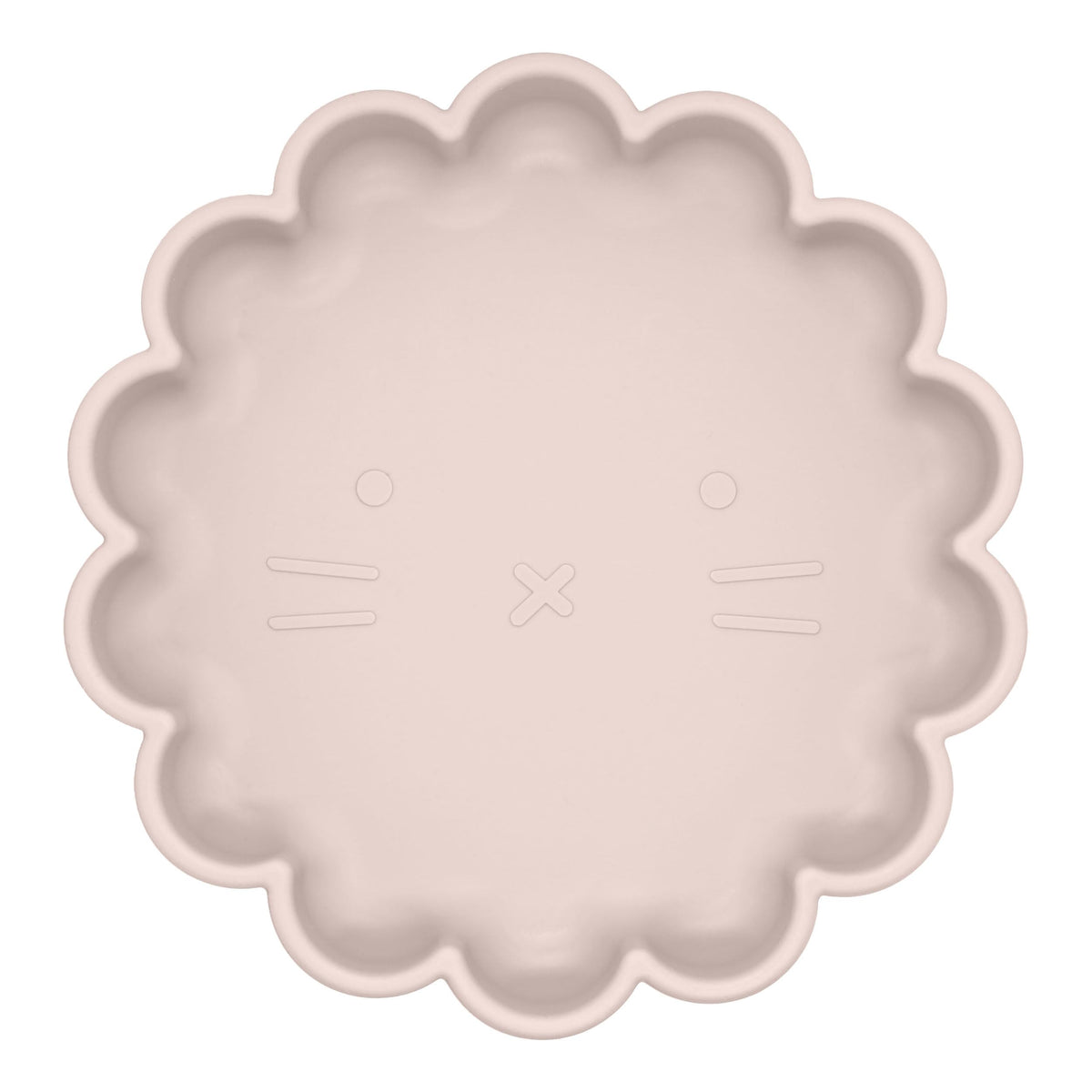 Kushies SiliLion lion-face plate pink with suction for mess-free self-feeding.