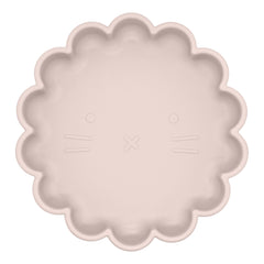 Kushies SiliLion lion-face plate pink with suction for mess-free self-feeding.