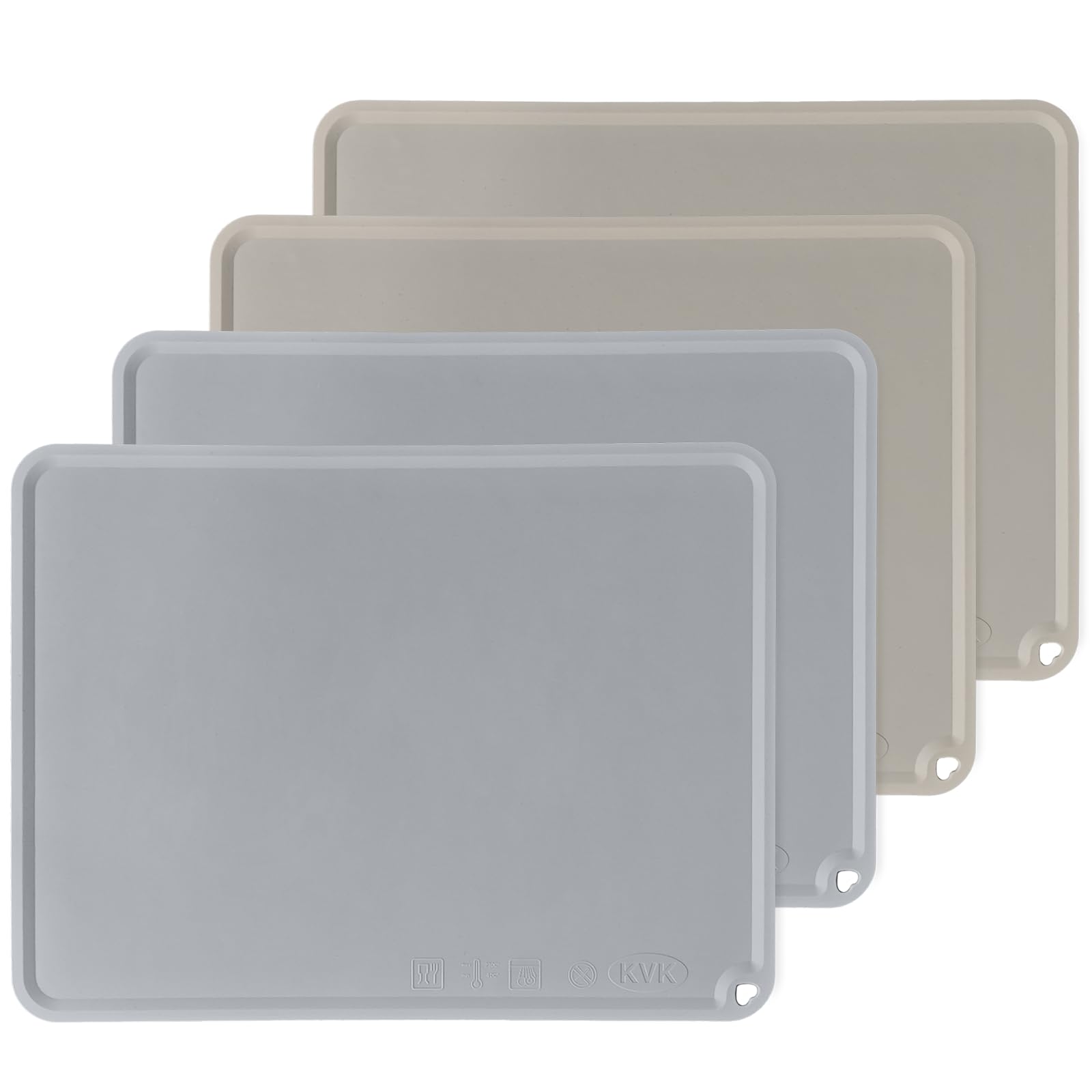 KVK silicone placemats for toddlers in light gray and beige, foldable and portable for dining out.