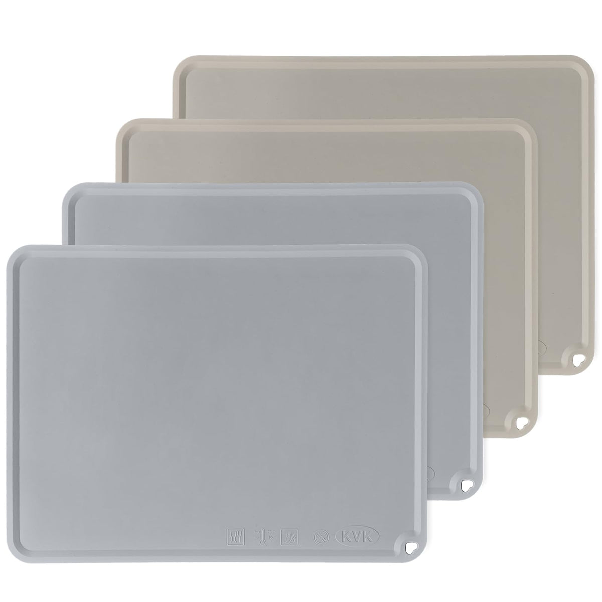 KVK silicone placemats for toddlers in light gray and beige, foldable and portable for dining out.