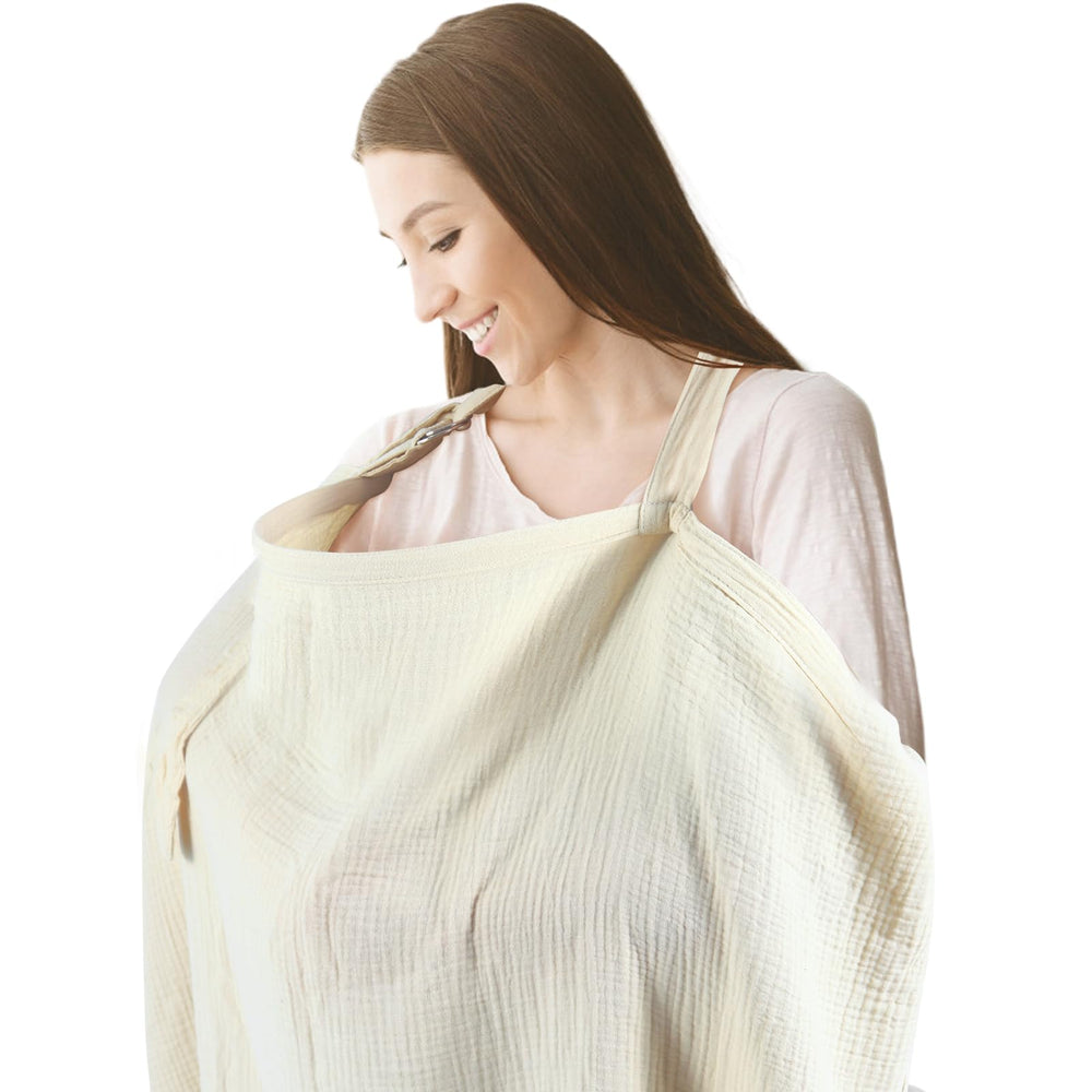Kyppuboo muslin nursing cover with arch neck enables easy baby visibility during feeding.