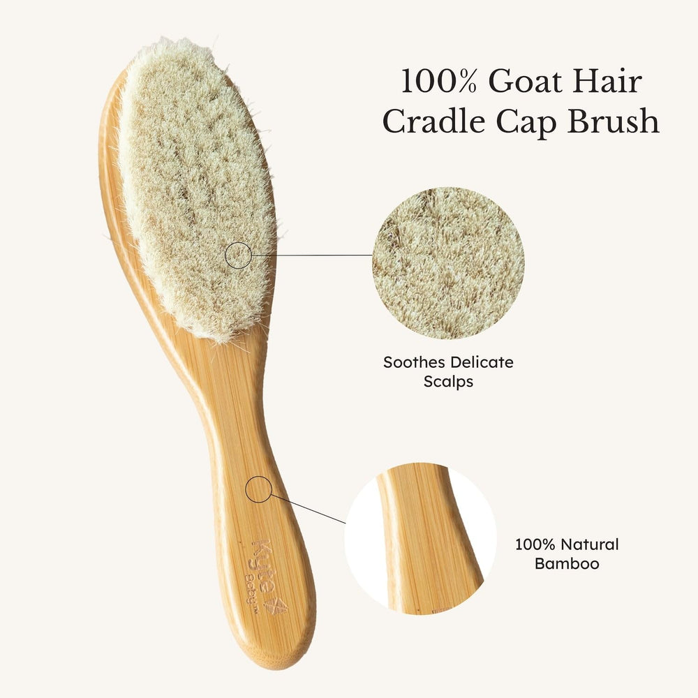 Kyte Baby goat hair bristles provide a soft, soothing touch on delicate infant scalps.