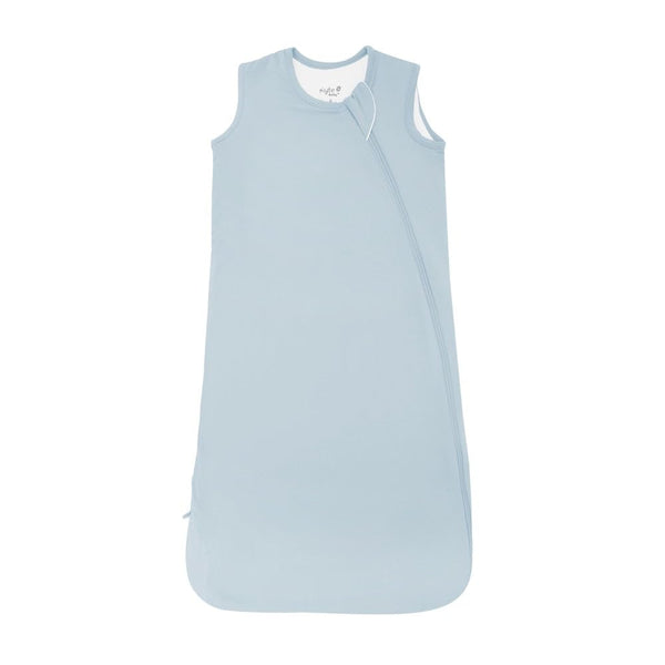 KYTE BABY sleep bag in fog front view highlights breathable bamboo rayon fabric.