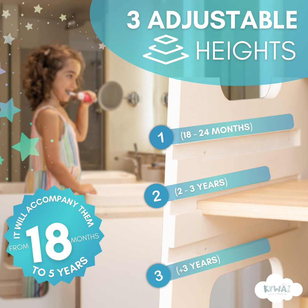 KYWAI Toddler Kitchen Stool Helper height levels adapt as child grows.
