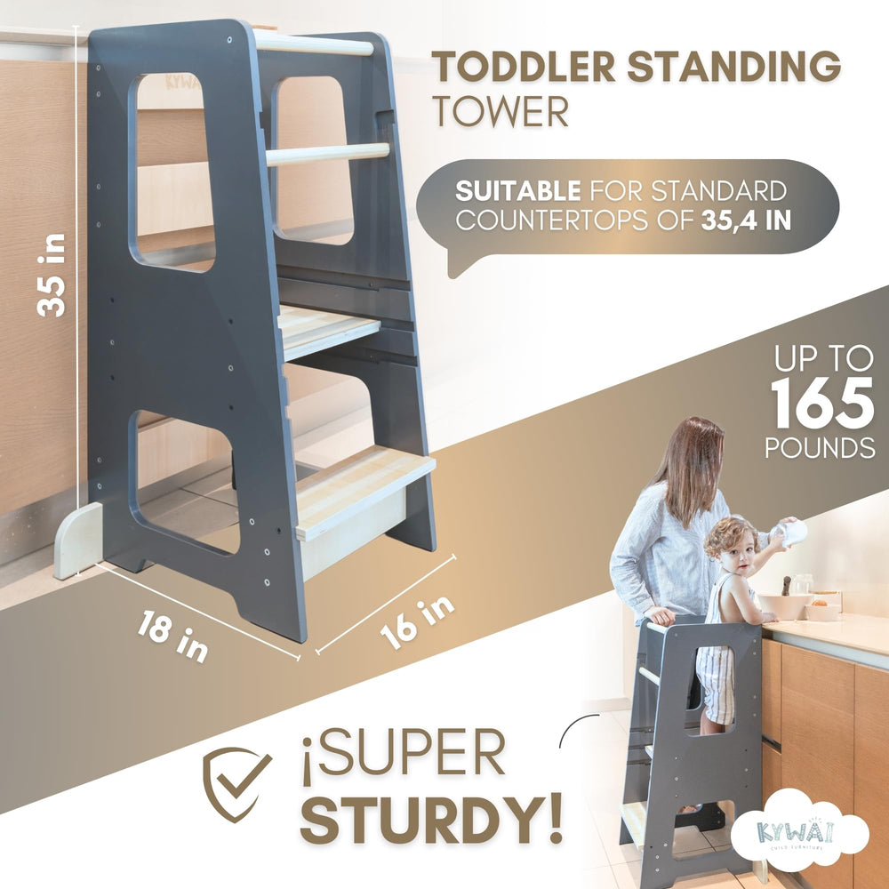 KYWAI toddler stool shows anti-tip legs for stable kitchen use.