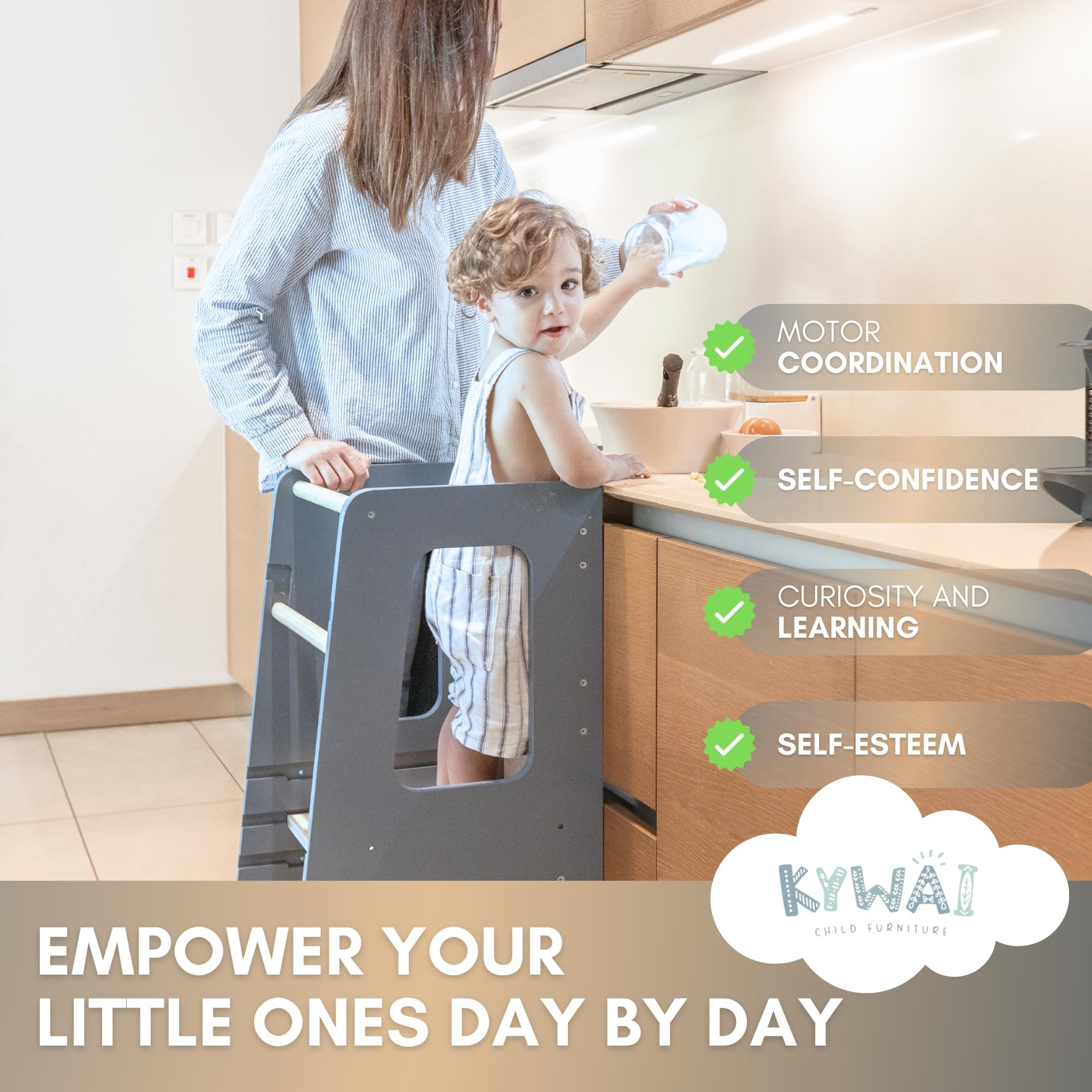 Montessori-inspired design encourages independent learning at the counter.