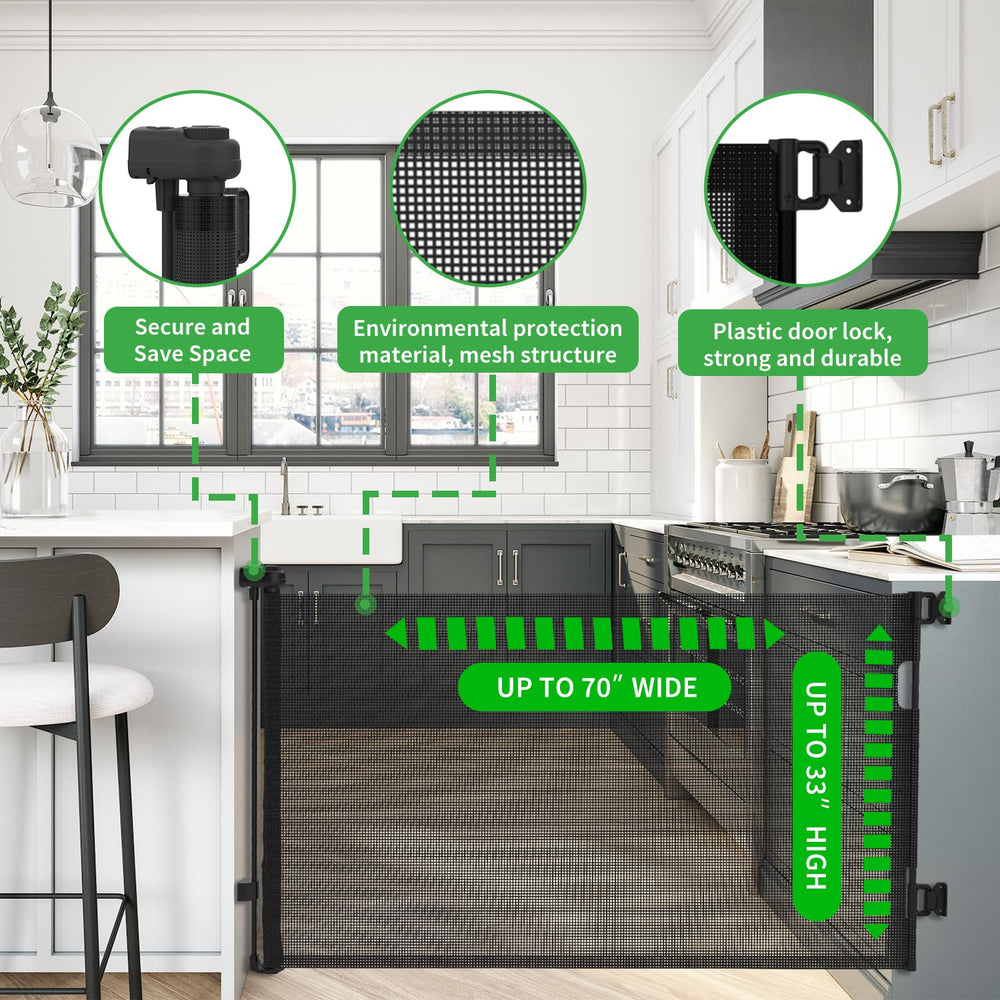 KYXAIN 33 inch tall mesh gate provides clear sight lines for supervision