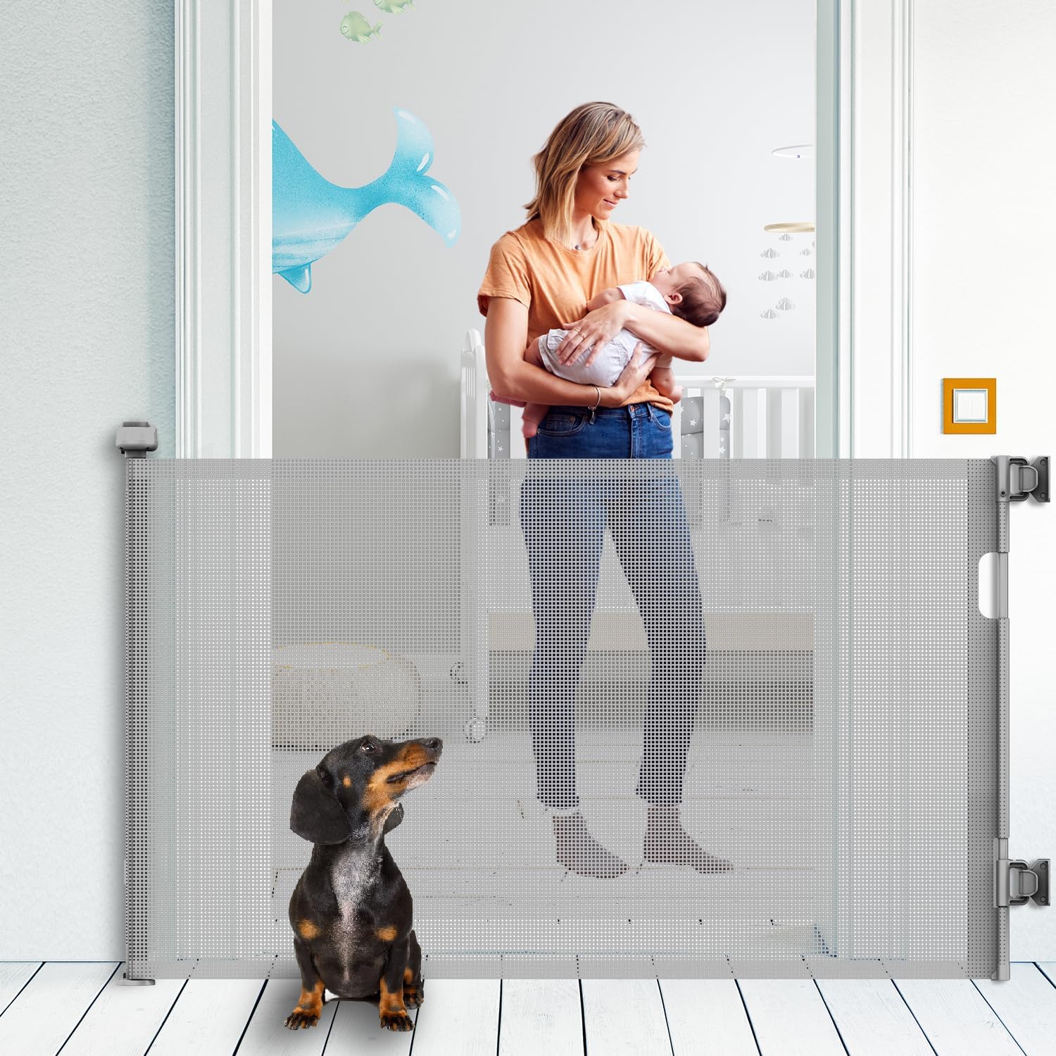 KYXAIN retractable baby gate in grey fits doorways up to 71 inches wide for flexible safety.