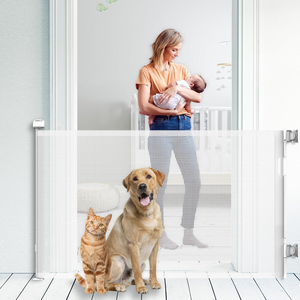 KYXAIN retractable baby gate at stairs, 33-inch tall, versatile protection.