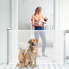 KYXAIN retractable baby gate at stairs, 33-inch tall, versatile protection.