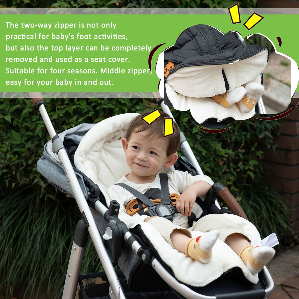 KZ Dotnz footmuff attaches to the stroller front bar for a snug fit.