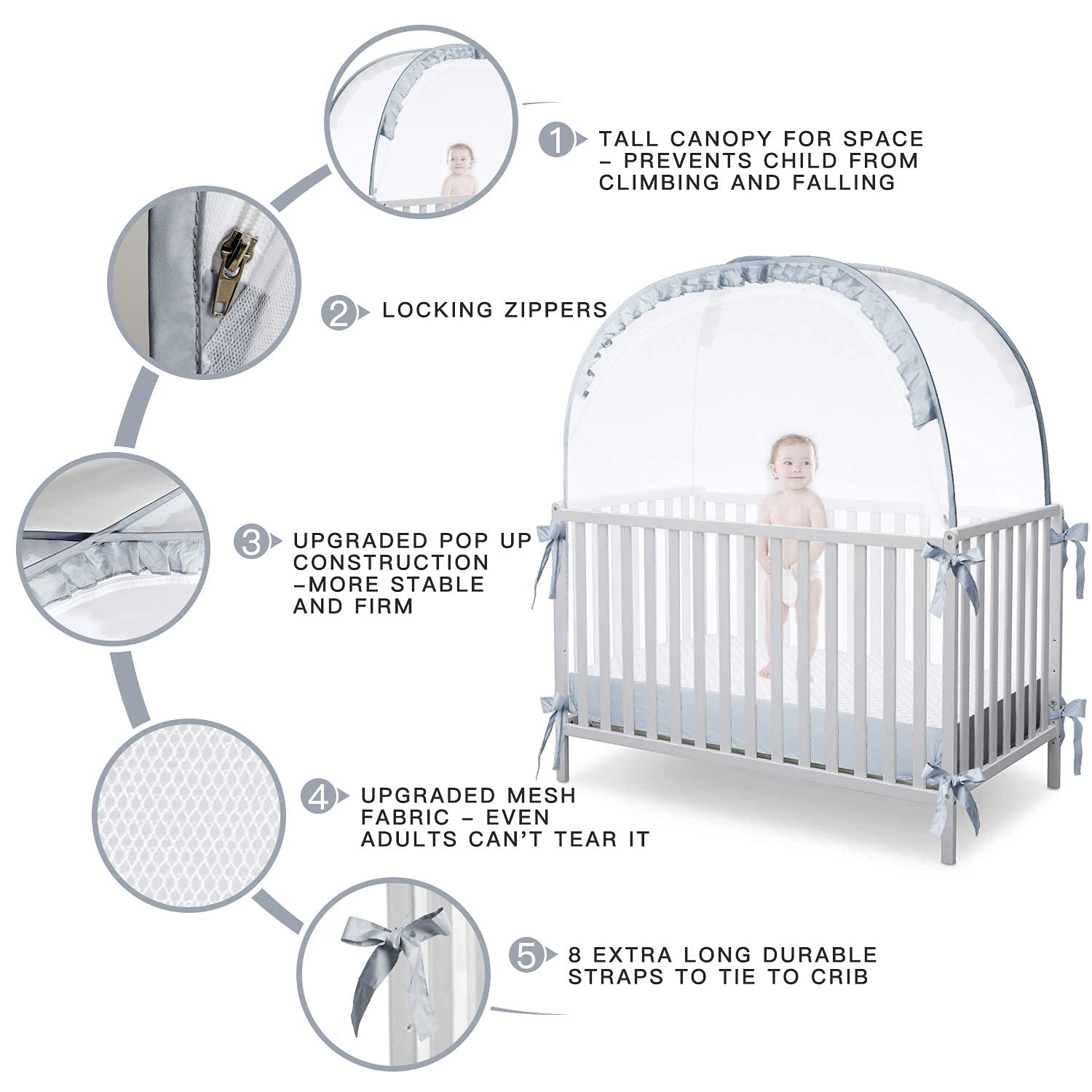L RUNNZER crib tent durable zippers enable quiet openings.