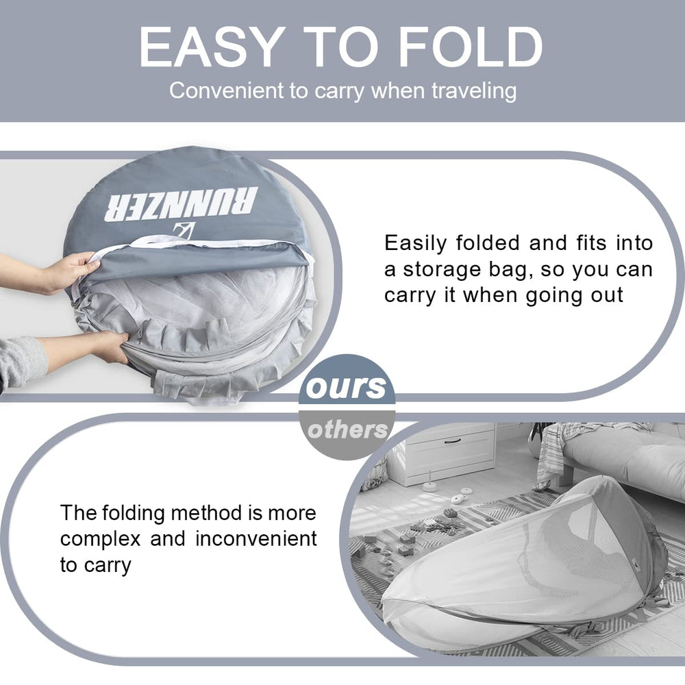 L RUNNZER crib tent easy access for parent and baby interaction.