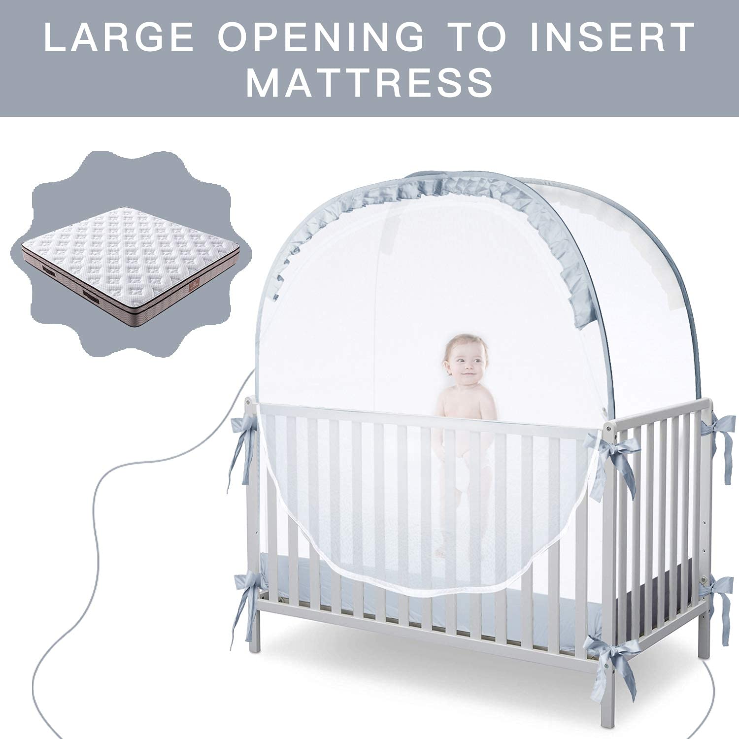 L RUNNZER crib tent large openings for easy in and out.