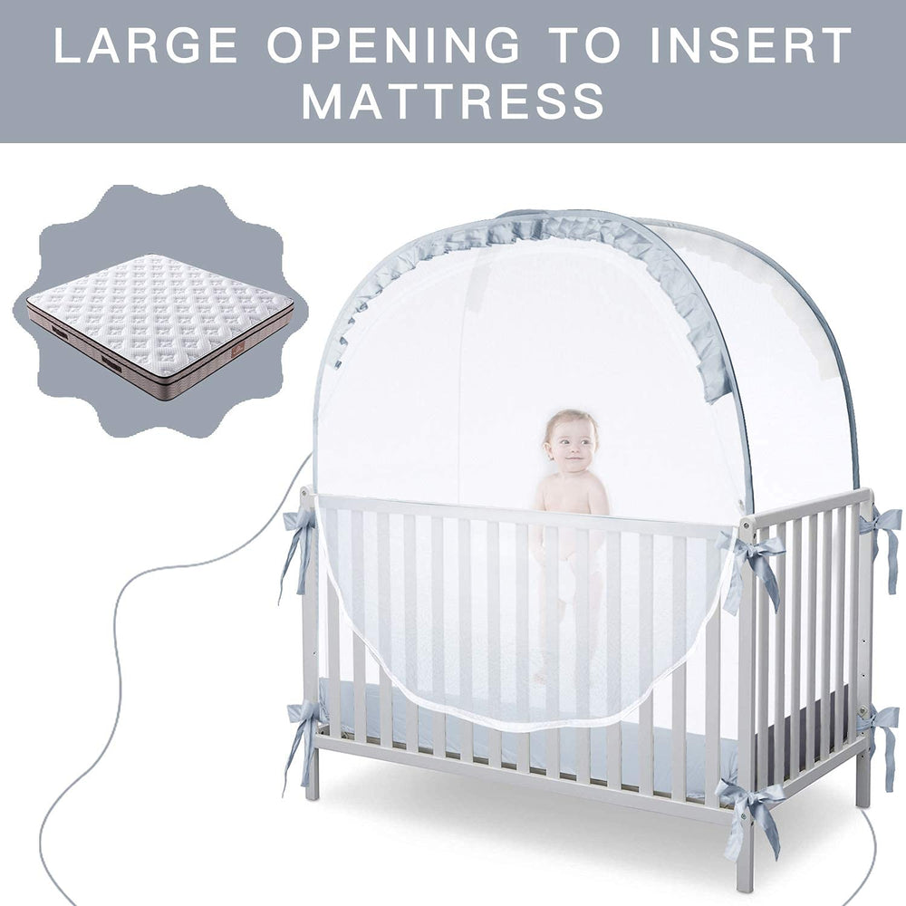 L RUNNZER crib tent large openings for easy in and out.