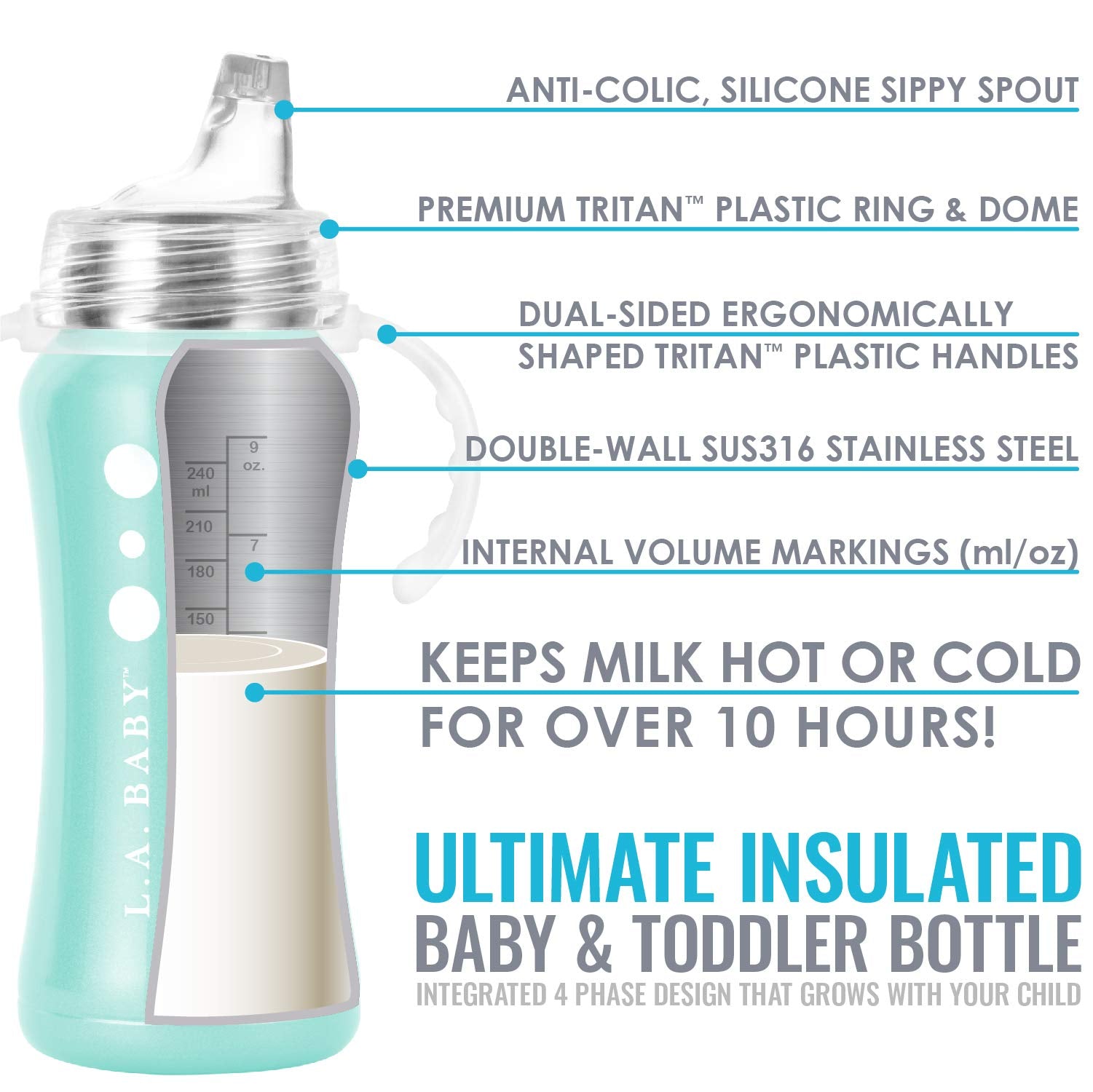 L.A. Baby lightweight stainless steel sippy cup (190g) for easy handling by little hands.