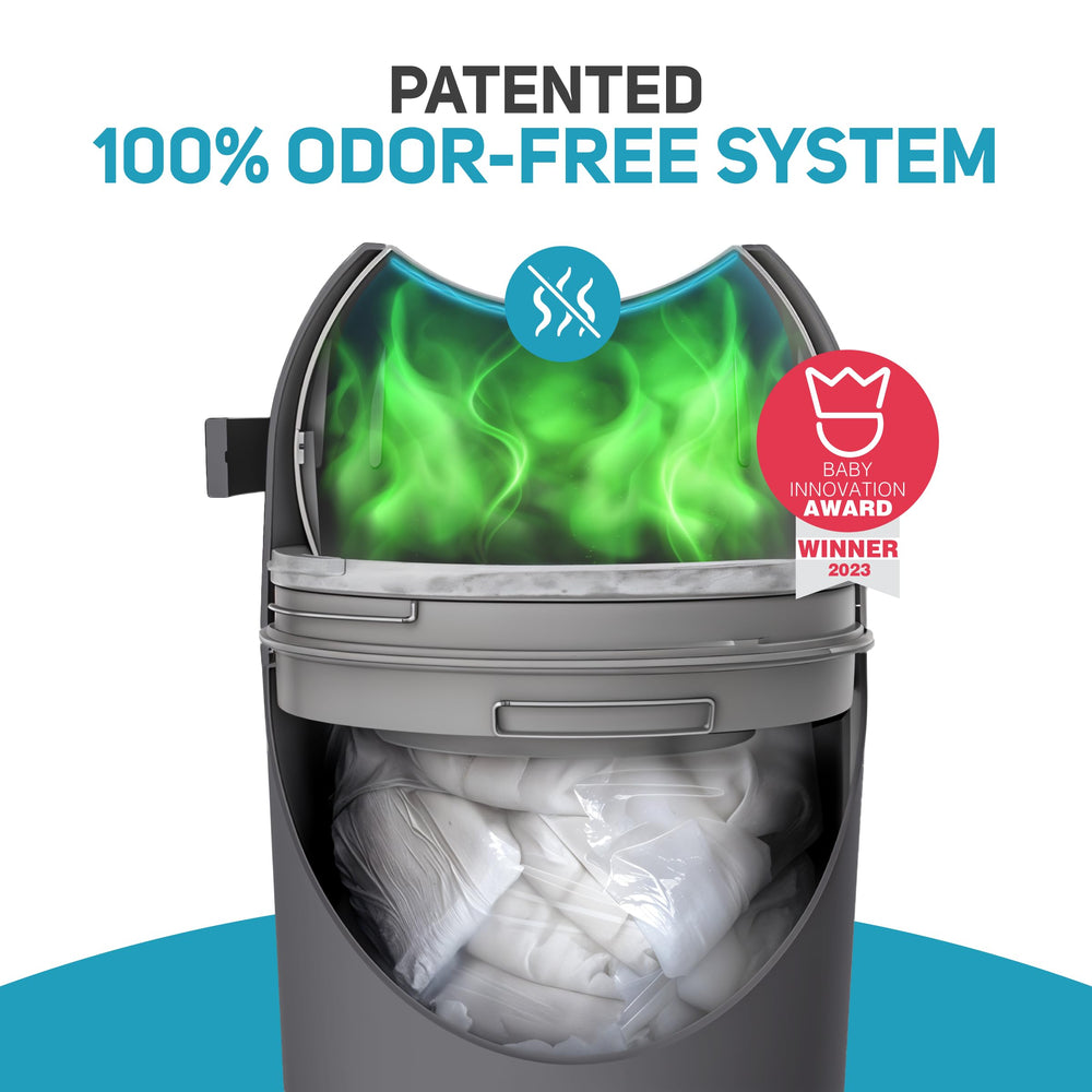 L.A. Baby Magic Diaper Pail shows a child-safe lock for safe changes.