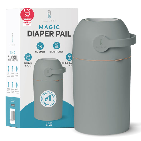 L.A. Baby Magic Diaper Pail front view showing compact design and easy access