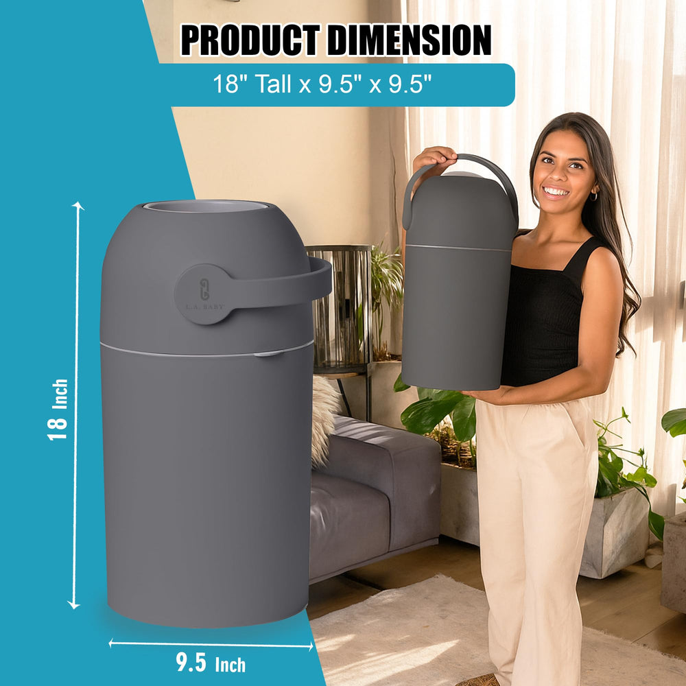 L.A. Baby Magic Diaper Pail features one-handed operation for quick diaper duty.