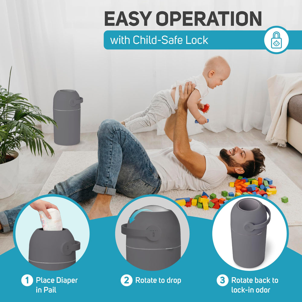 L.A. Baby Magic Diaper Pail accepts standard bags for simple disposal.
