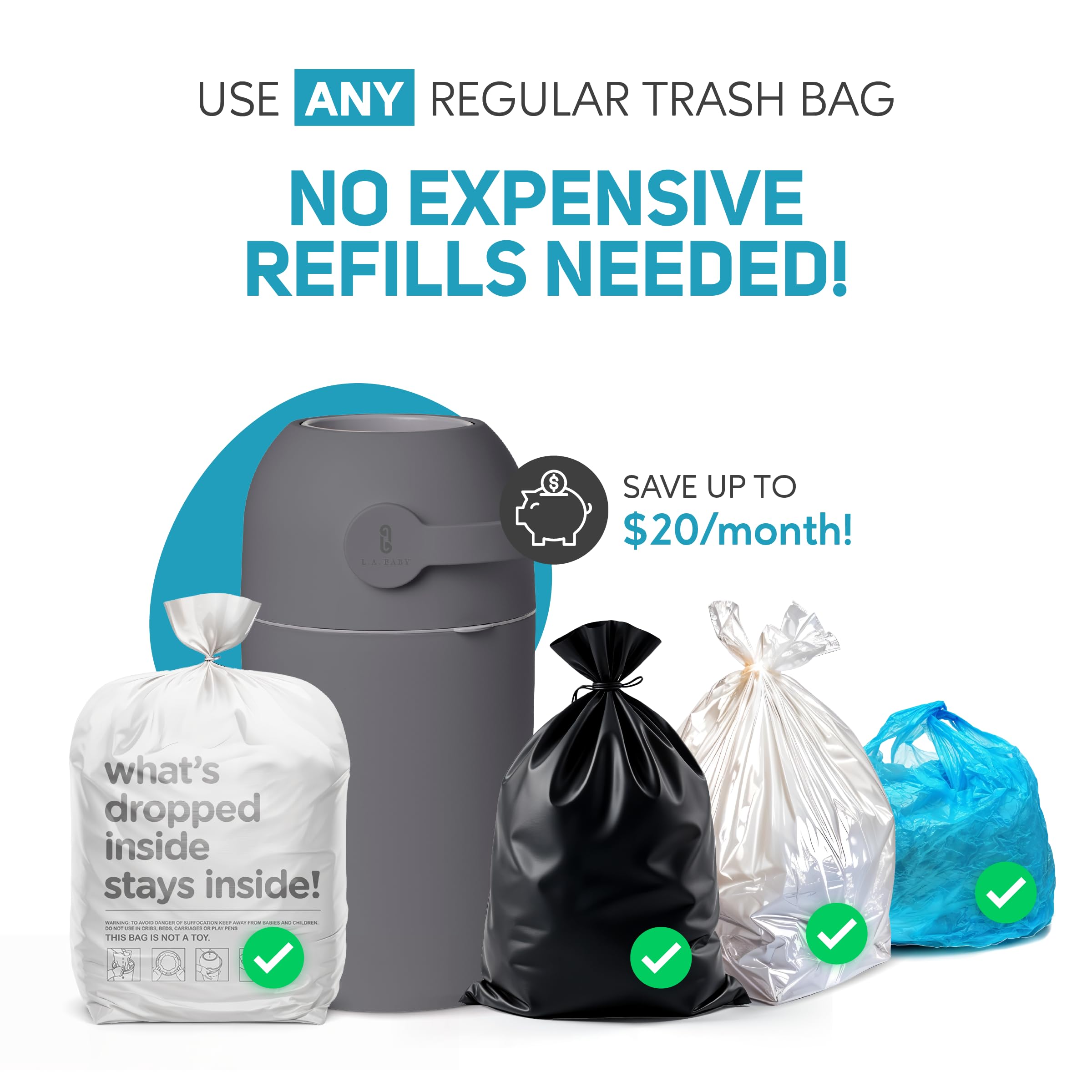 L.A. Baby Magic Diaper Pail starter kit includes 15 free bags.