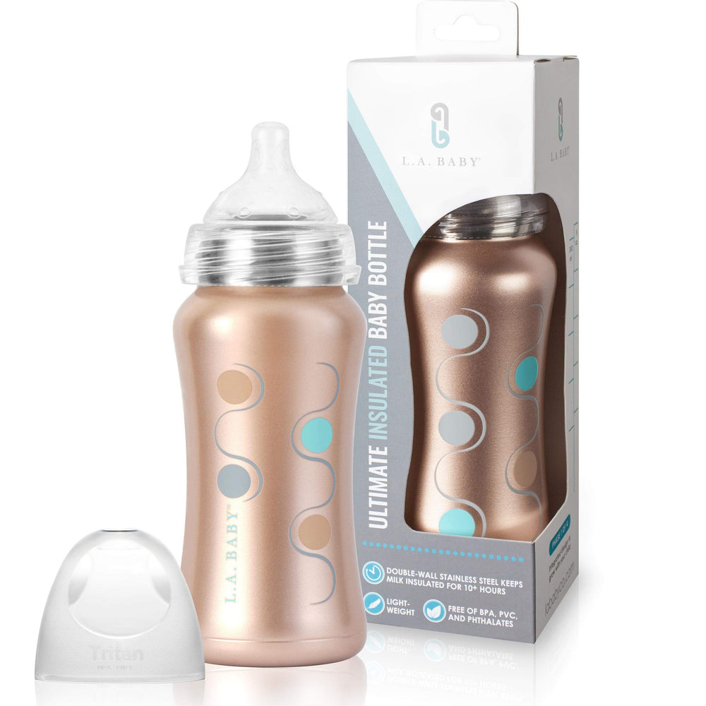 L.A. Baby 9oz bottle front view with ergonomic grip for tiny hands
