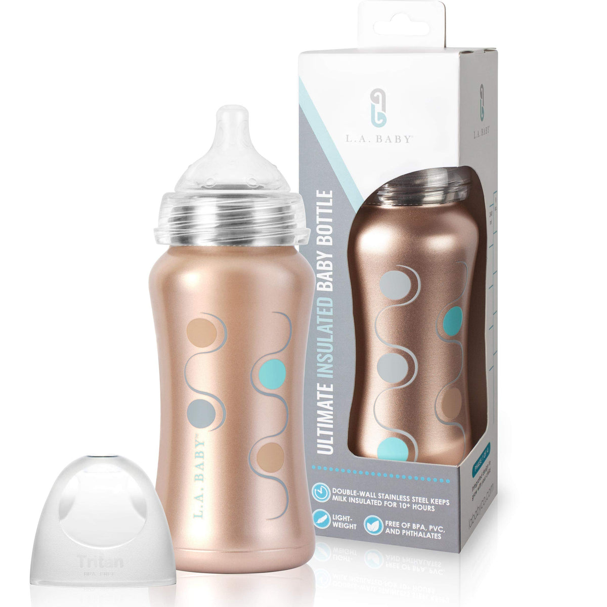 L.A. Baby 9oz bottle front view with ergonomic grip for tiny hands