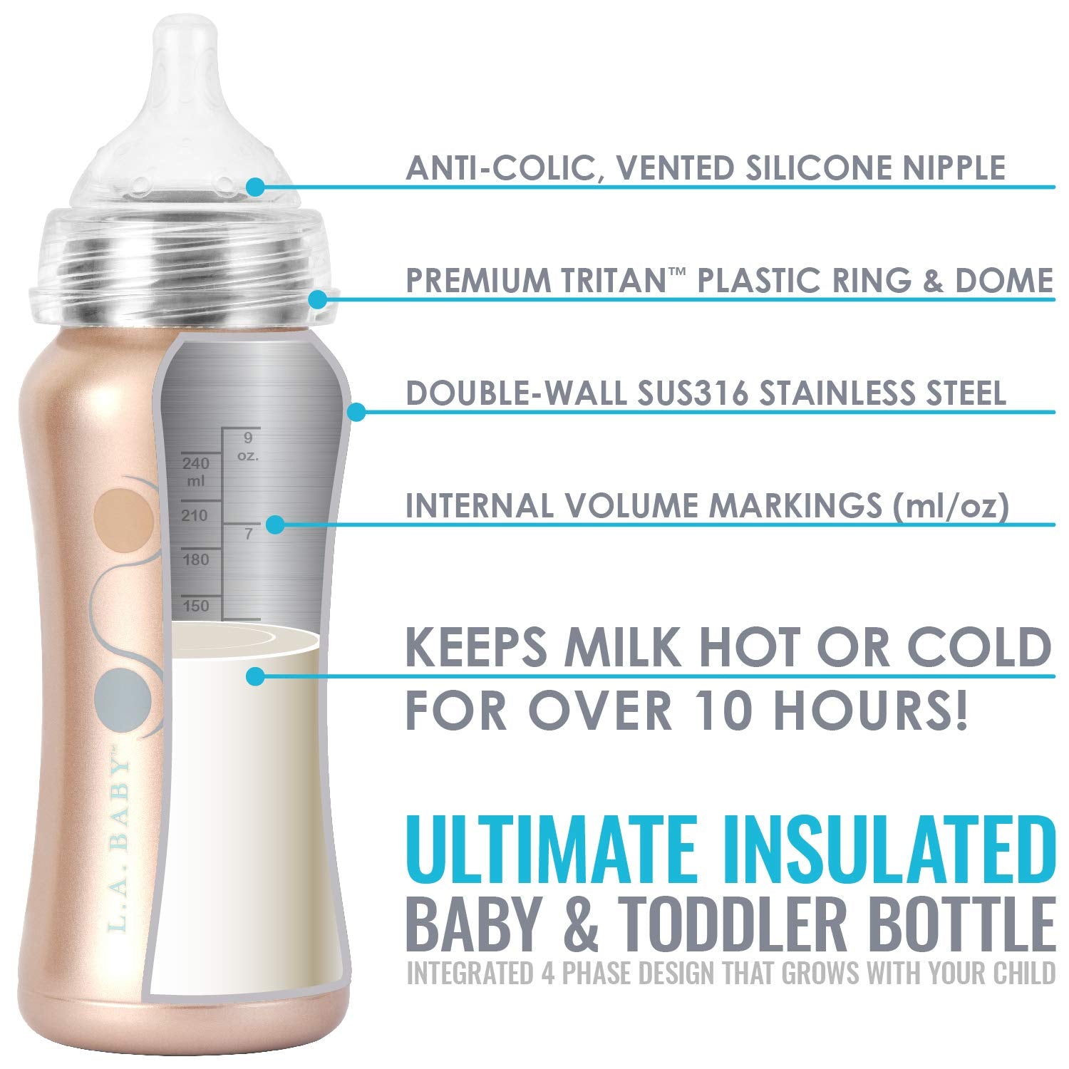 L.A. Baby 9oz insulated bottle close-up showing double-wall insulation