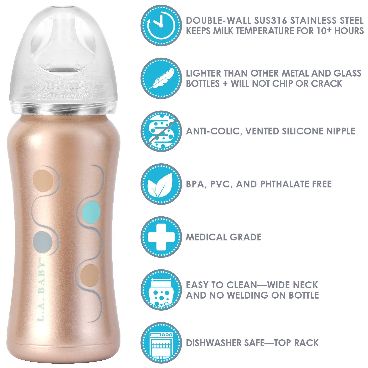 L.A. Baby 9oz bottle wide-neck opening for easy filling and cleaning