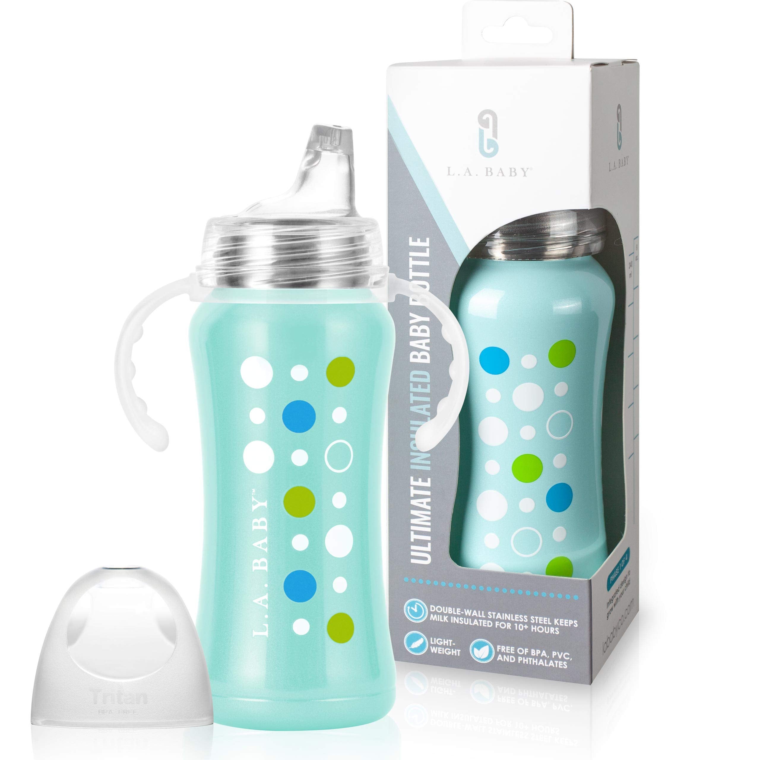 L.A. Baby Ultimate Stainless Steel Sippy Cup close-up, showing durable 9oz design for toddlers.