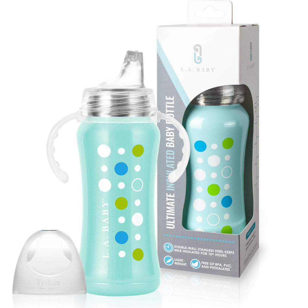 L.A. Baby Ultimate Stainless Steel Sippy Cup close-up, showing durable 9oz design for toddlers.