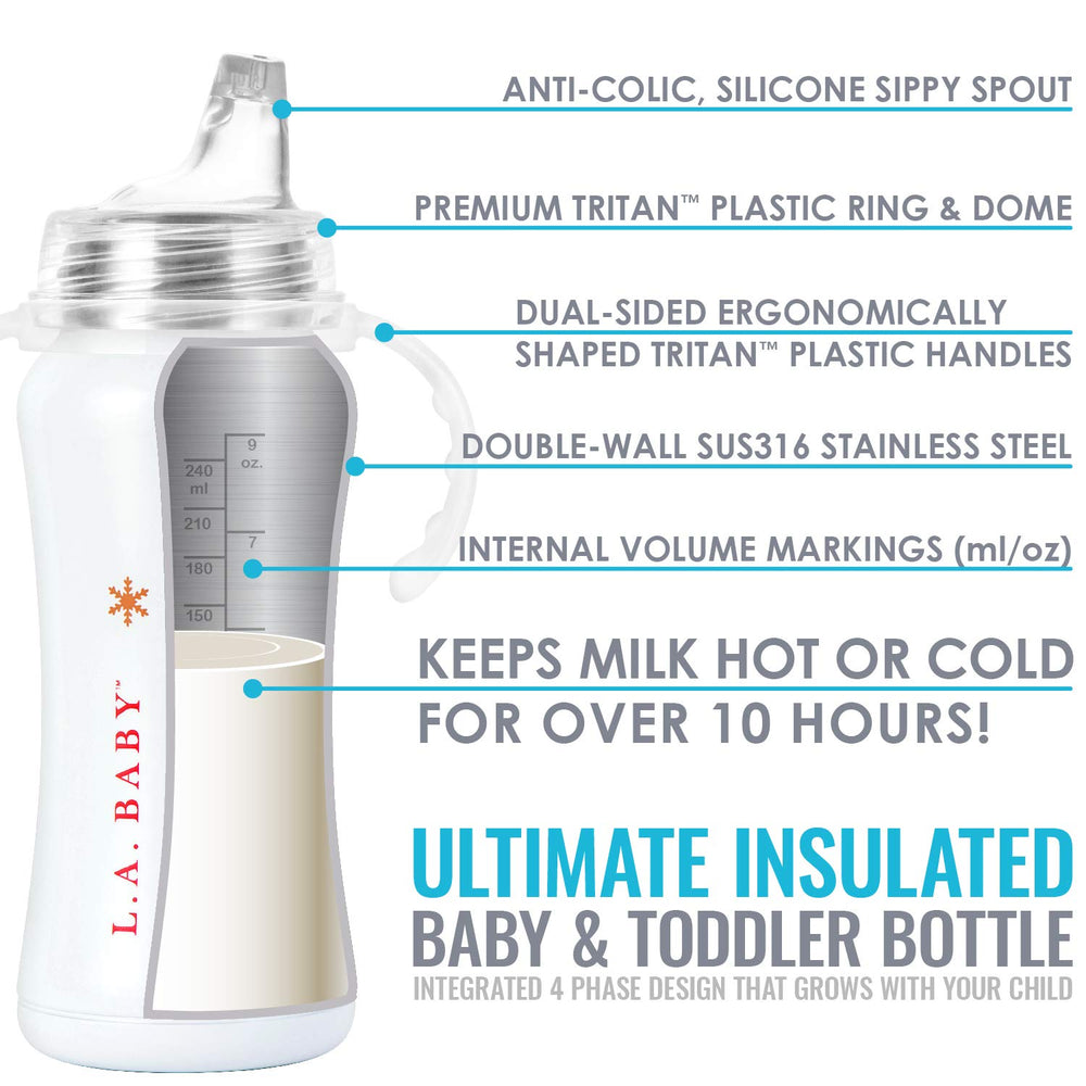 L.A. Baby sippy cup showing volume markings for precise portions.