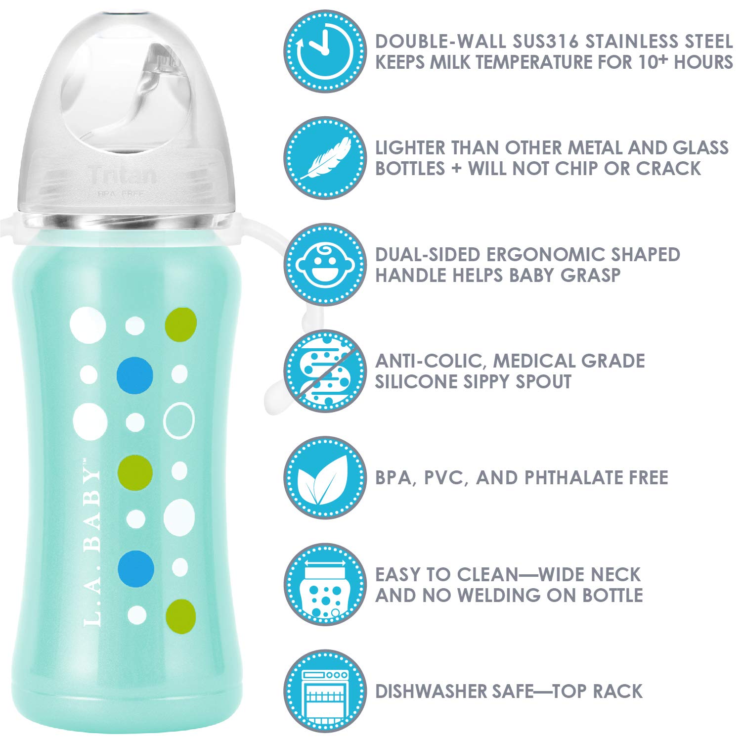 L.A. Baby wide-neck opening for easy filling and thorough cleaning.