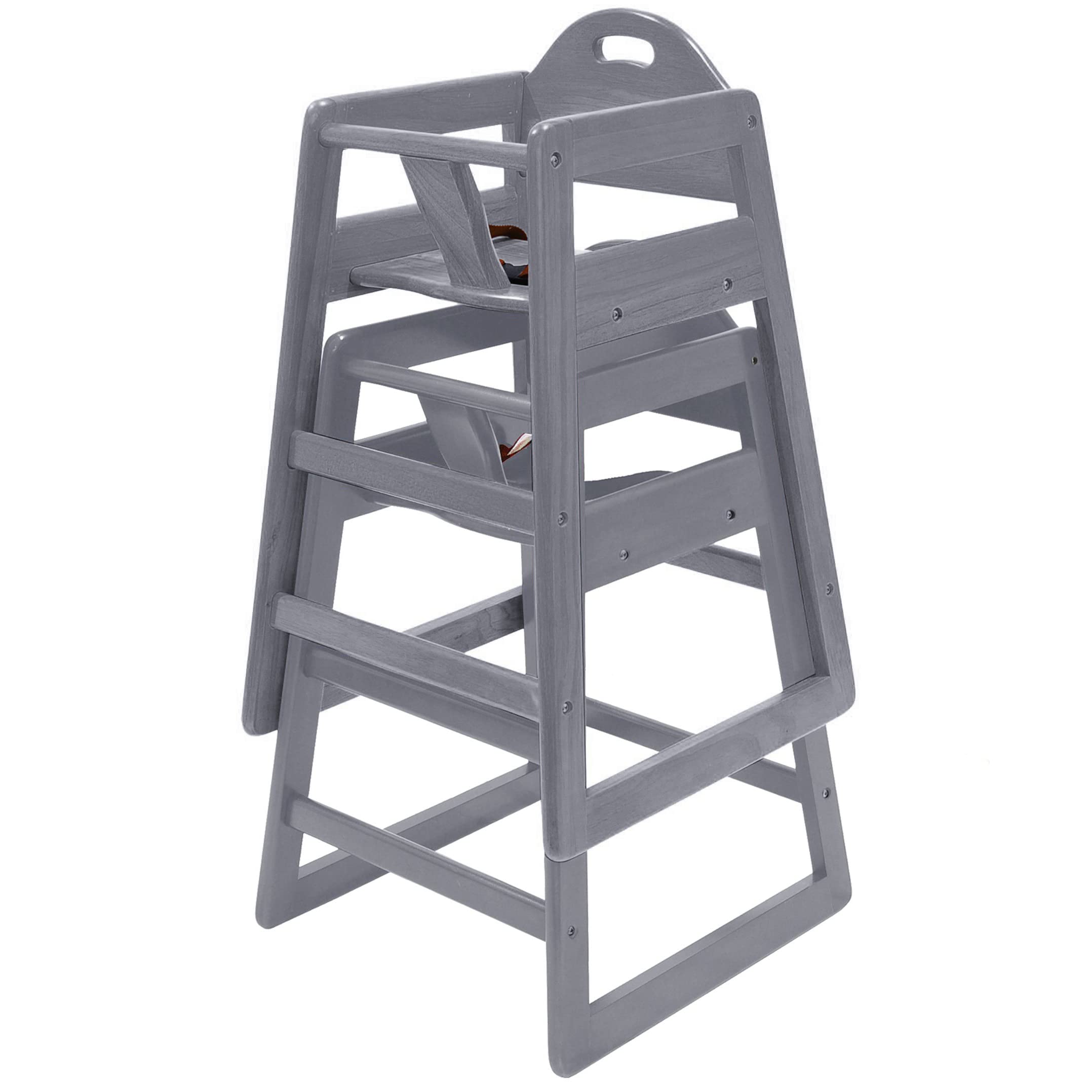 L.A. Baby wooden high chair side view highlighting compact profile.
