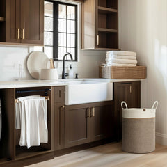 LA JOLIE MUSE rope basket shown in mocha as chic nursery decor and storage solution
