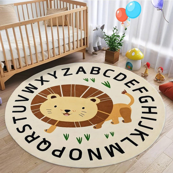 Lacomfy Kids ABC Rug with a round lion design encourages imaginative play