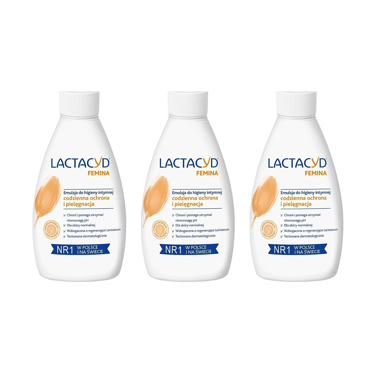 Lactacyd Femina three-pack bottles for daily gentle cleansing and freshness.