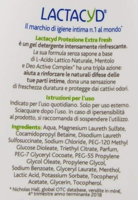 Lactacyd intimate wash label close-up shows ingredients and trusted brand.