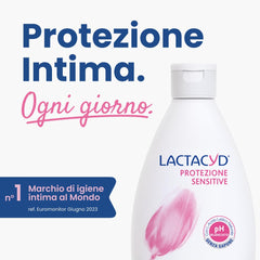 Lactacyd Sensitive Protection 300ml label close-up highlights natural lactic acid benefits.