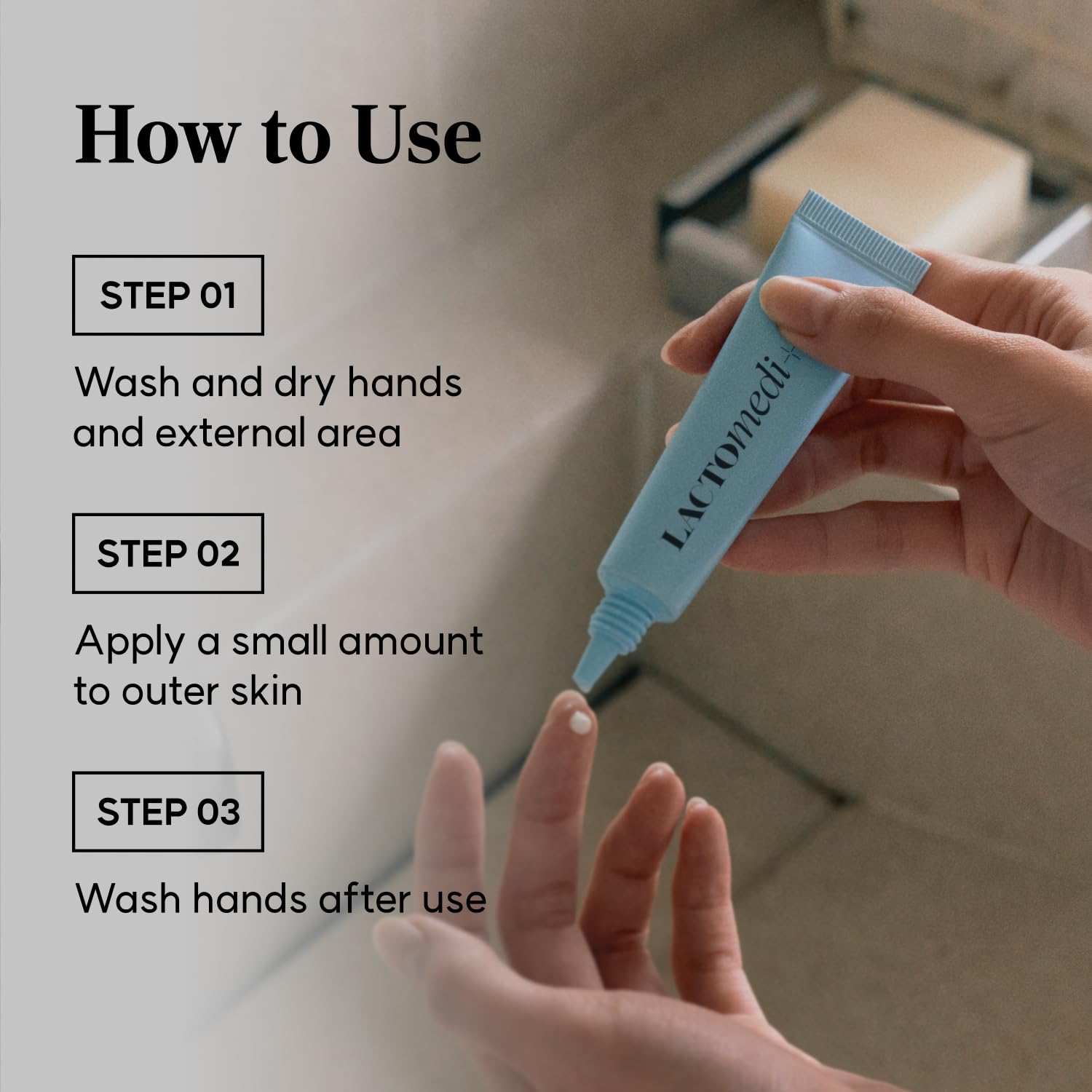 LACTOMEDI on bathroom vanity for daily skin care routine.