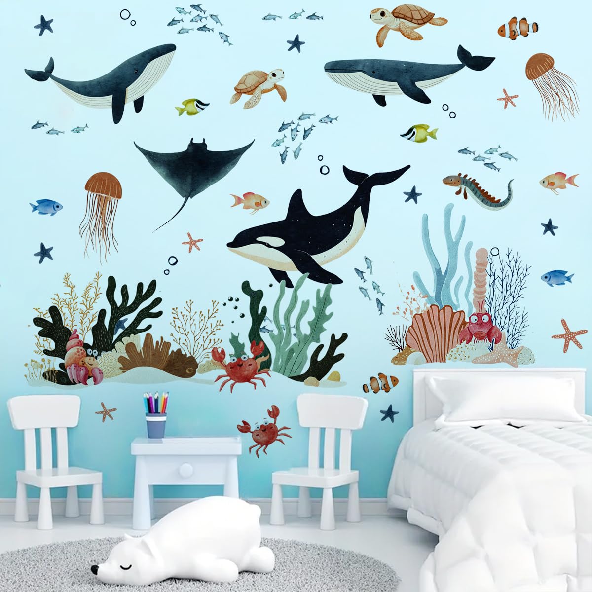 Ladinimo Ocean Wall Decal Whale enriches nursery decor with playful marine charm.