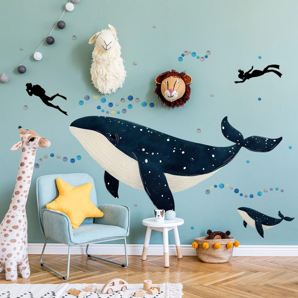 Ladinimo Watercolor whale wall art offers removable decor without wall damage.