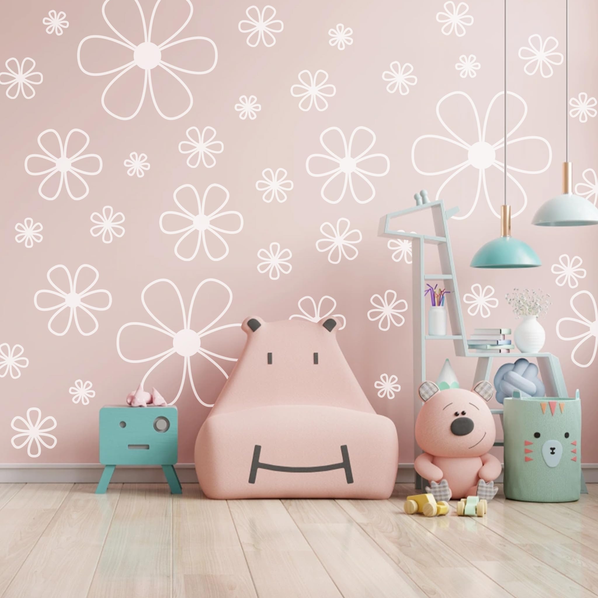 Ladinimo playroom decor adds vibrant, minimal floral accents.