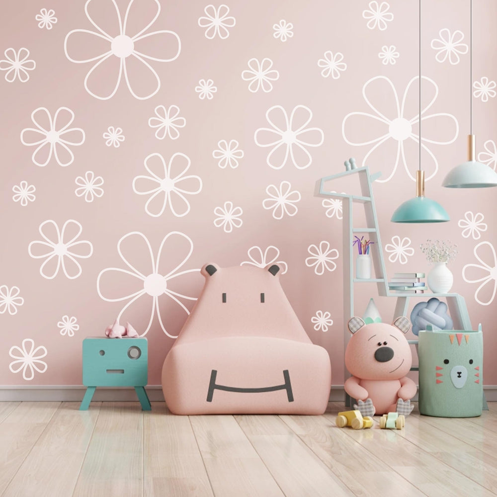 Ladinimo playroom decor adds vibrant, minimal floral accents.