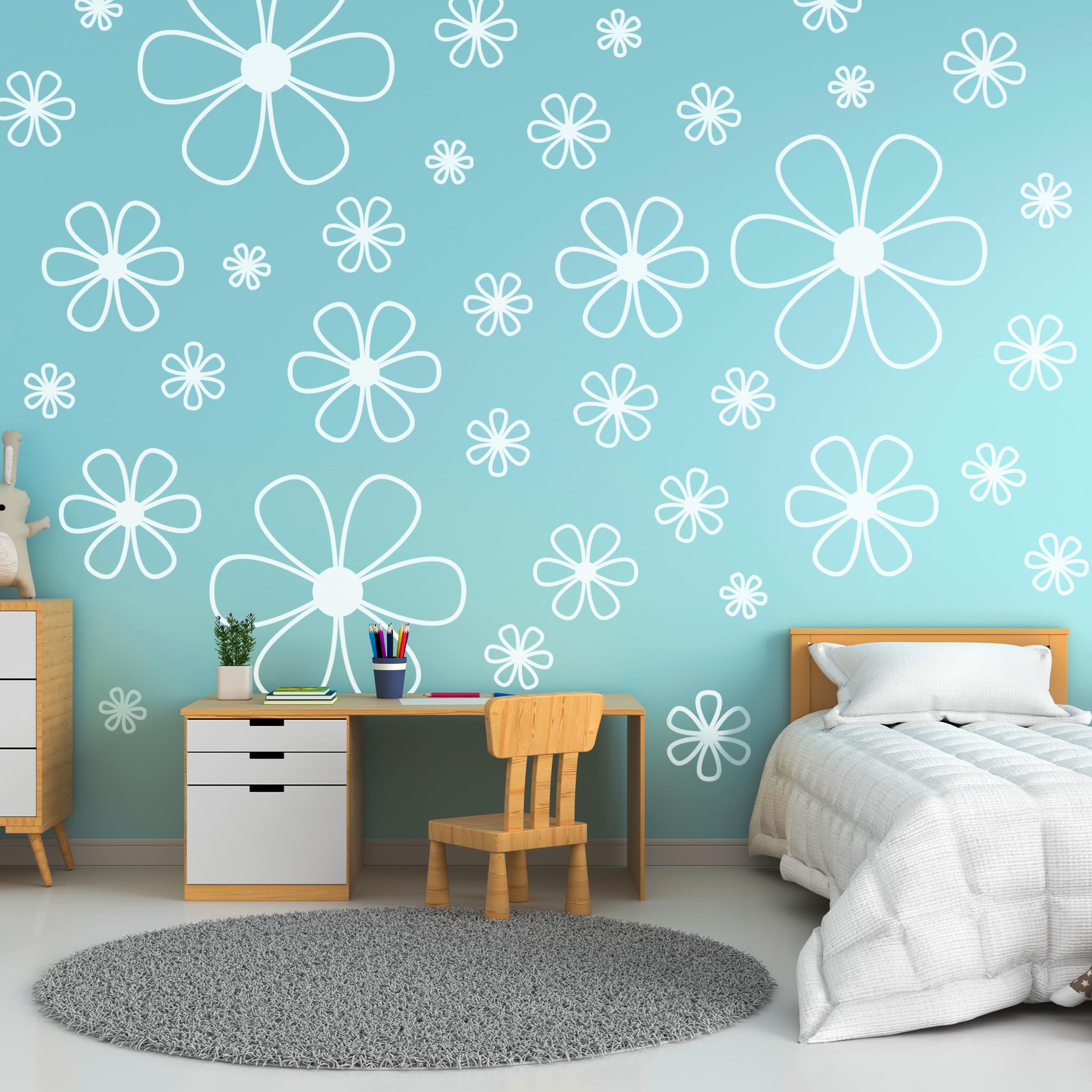 Ladinimo White Daisy wall decal three sheets brighten walls with easy peel-and-stick application.