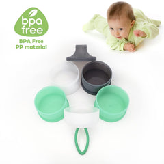 Multi-use storage for snacks and baby foods during outings.